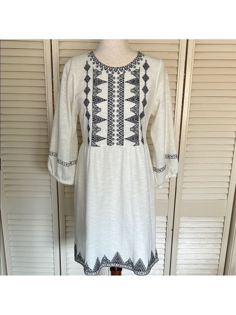 Joy Joy White Dress with Black Embroidered Panels